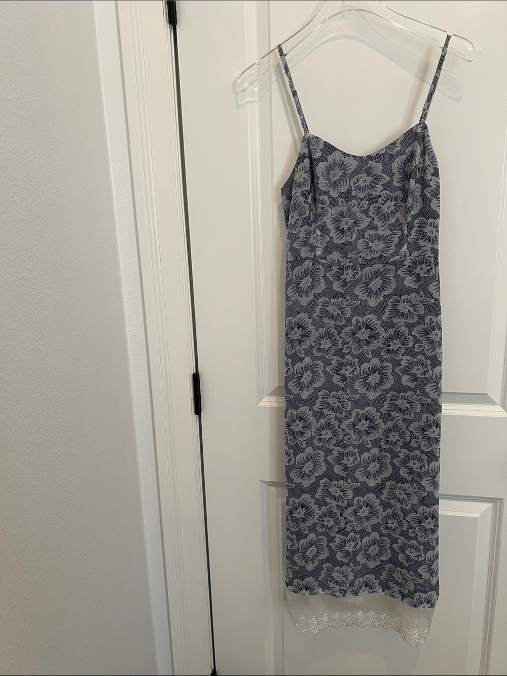 Floral Slip Midi Dress with Lace Hem - Gray Blue